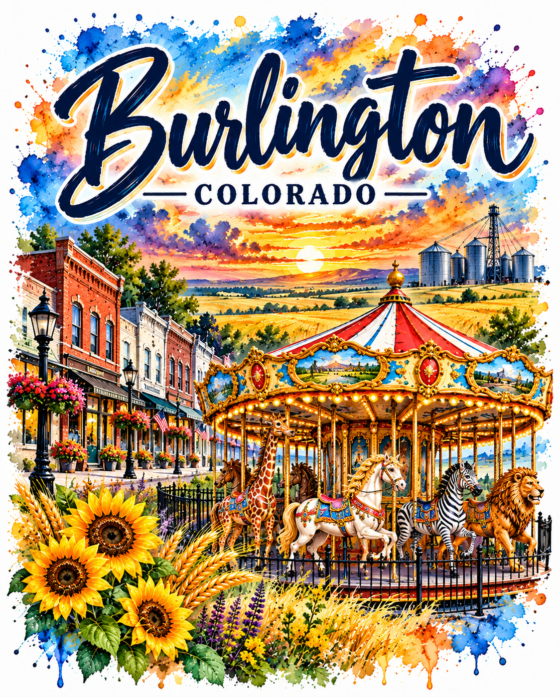 Burlington Colorado watercolor artwork featuring the Kit Carson County Carousel, Eastern Plains and local agricultural character